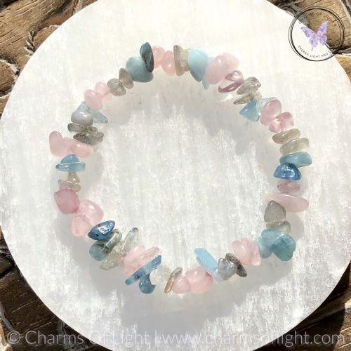 Rose Quartz, Labradorite & Aquamarine Crystal Chip Stretch Bracelet